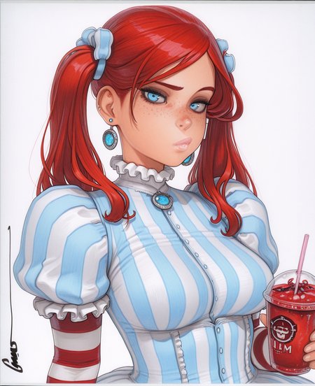 <lora:omar_dogan:1> omar_dogan,
(masterpiece), (best quality), (ultra-detailed), amazing quality, very aesthetic, illustration, perfect composition, intricate details, absurdres, incredibly absurdres, shiny skin, realistic,
 omar_dogan, freckles, 1girl, jewelry, earrings, twintails, red hair, blue eyes, puffy sleeves, disposable cup, cup, breasts, looking at viewer, , , signature, striped clothes, long sleeves,  cup, dress, striped dress, , upper body, white background, traditional media, drinking straw, striped shirt, simple background, short sleeves, frills, juliet sleeves, sensitive