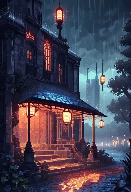 score_9, score_8_up, score_7_up,soft shadows, dark,night,cloudy, rain,storm, heavy rain, heavy-rain BREAK
no humans, mansion, trees, lights inside building, lanterns, beautiful lawn, fountains in front of building, brick walls, wet, wet ground, pixel art, 64bits
<lora:Pony_DetailV2.0:1.0>  <lora:Rain (pony) v1:1>