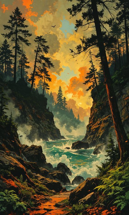 Wind-swept pines clinging to rocky cliffs, dramatic coastal forest, vibrant forest floor with ferns and moss, golden hour lighting casting long shadows, fog rolling in from the sea, atmospheric masterpiece, 8k resolution, intricate detail, seagulls in the distance, rugged and wild aesthetic, watercolor style <lora:Improved Amateur Realism:0.3> <lora:Luminous_Shadowscape-000016:0.6> <lora:Comic book opus 3:0.4> <lora:Mezzotint_Artstyle_for_Flux_-_by_Ethanar:0.2> <lora:dreadmirth-art-style:0.8> <lora:flux_dev:1>