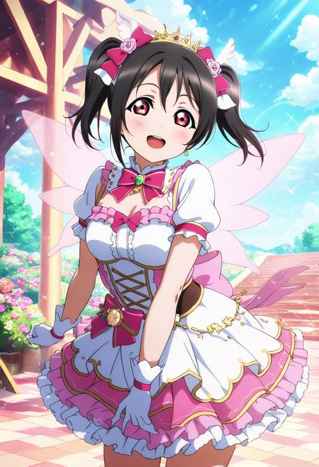 masterpiece, best quality, solo, 1girl, aged up, happy, large breasts, 
 niko_yazawa, yazawa_niko, black hair, red eyes, twintails, bow, hair bow, pastel-colored fairy idol costume, sky-blue and pink dress, sparkly wings, puffy sleeves, floral hair accessory, enchanted garden stage with glowing mushrooms, floating orbs, soft magical glow, joyful and dreamlike atmosphere
