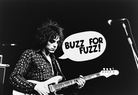 syd Barrett playing interstellar overdrive. (A speech bubble next to him says "Buzz for Fuzzz":1.2). Psychedelic aliens are the audience.