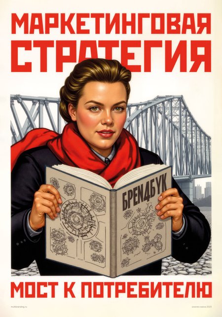 Close-up illustration of a Soviet-style propaganda poster, bold and focused in design. The central figure is a determined marketing professional, holding an open book titled "Marketing Strategies" in their hands. The book's pages are filled with detailed diagrams and structured plans. The figure's expression is intense and focused, embodying careful planning and precision. Behind them, the skeletal frame of a steel bridge under construction is visible, hinting at the comparison between strategic planning and engineering. Above the scene, the slogan "áлAHuPYü CTPATEгu10 TAK, KAK CTPO®T MOCTbl!" is displayed in bold, constructivist typography. The color scheme uses vibrant reds, muted grays, and blacks, emphasizing determination and meticulous effort.