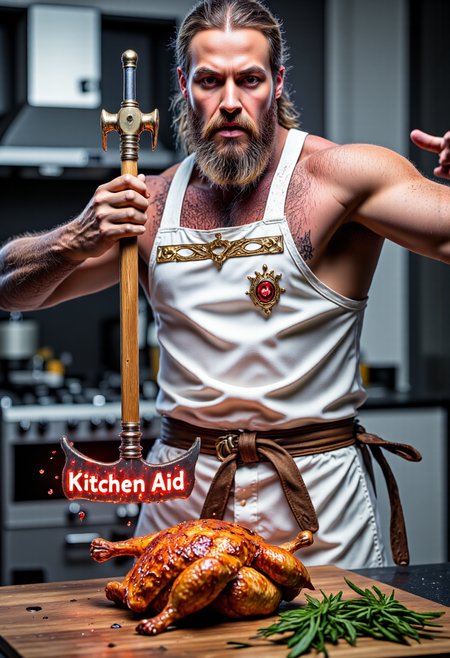 newfantasycore. 
masterpeice  photograph artwork , 8k, UHD , HDR an high quality, extremely detailed image of a angry 45 yera old muscular barbarian chef  with detailed natural face, proud with determination, lookin at the camera with determination,he ((his hair and beard are braided like vikings)) . His chef attire is white with intricate gold Glowing embroidery and fur.((he stand on a kitchen)) handling a Glowing big,large,huge double Battle-Axe made of red melted glowing steel With magic words "Kitchen Aid" engraved on the steel in white glowing Gothic font. He's hitting furiously a roasted chicken with the axe to cut it in half , he is screaming. aidmaGlow .captured with"Canon EOS 5D Mark IV with Canon EF 24-70mm f/2.8L II USM lens at 45mm, 1/250s, f/5.6 and ISO500." "Negative: grainy, blurry, bad anatomy, extra limbs, watermark.".aidmatextimprover.mythp0rt.aidmaHyperrealism