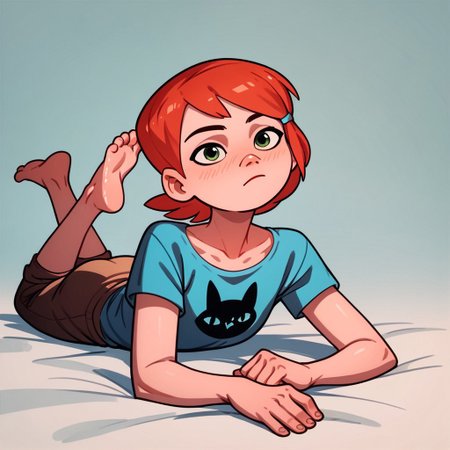 score_9, score_8_up, score_7_up, score_6_up, score_5_up, score_4_up, rating_questionable, 1girl, re_gwen, laying on stomach, feet up, barefoot