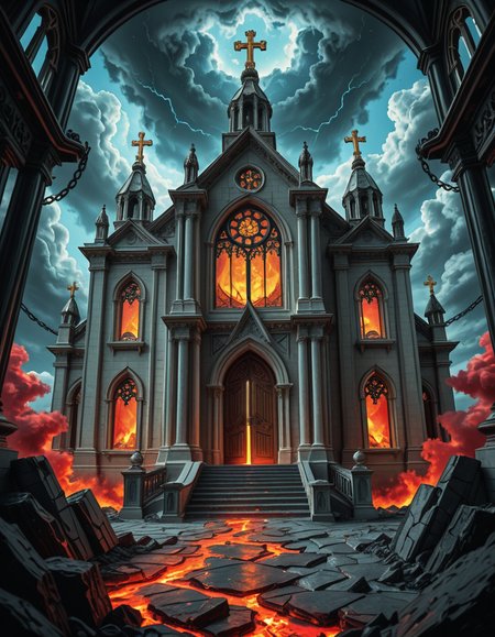 A once-majestic celestial temple, now under siege by the forces of Hell. The grand white stone structure is cracked and scorched, its golden crosses twisted and broken. The stained-glass windows, once glowing with warm divine light, are now shattered, with demonic symbols glowing ominously in their place. The sky, once a serene blue, is now consumed by dark storm clouds, swirling with red lightning and thick smoke.
Black, jagged chains extend from the sky, wrapping around the temple as if trying to pull it down into the abyss. The once-fluffy clouds beneath the structure are now a chaotic mix of fire, ash, and dark mist, with glimpses of molten lava cracks below. Infernal creatures with glowing red eyes lurk in the shadows, their silhouettes barely visible through the smoke and fire.
The temple doors are blown open, revealing an eerie red glow emanating from within, as if Hell itself is consuming the sacred space. Massive demonic runes are etched into the stone, pulsating with an unholy energy. The entire scene is bathed in a deep crimson and orange glow, giving it an apocalyptic and nightmarish atmosphere.
Style & Lighting:
- Dark fantasy, highly detailed
- Dramatic, high-contrast lighting with fiery glows
- Cinematic composition, epic scale
- Strong use of shadows, embers, and atmospheric foghighly detailed and atmospheric view from inside a massive birdcage, large enough for a human to stand inside. The cage is made of ornate, aged metal bars with intricate Victorian-style patterns, curving elegantly towards the domed ceiling. Sunlight filters through the gaps between the bars, casting long, dramatic shadows on the wooden floor. Delicate vines and small flowers have begun to grow around the bars, adding a touch of nature reclaiming the space. The background beyond the cage is blurred, hinting at a lush garden or a mysterious, abandoned mansion. The ambiance is serene yet slightly melancholic, with warm golden light illuminating dust particles floating in the air. Soft feathers are scattered on the floor, adding to the sense of quiet abandonment. The perspective makes the viewer feel as if they are inside the cage, looking outward, surrounded by both beauty and confinement. The style is highly detailed and realistic, with a cinematic and slightly surreal atmosphere.
<lora:SDXLFaeTastic2400:0.4> <lora:extremely_detailed:0.4> extremely detailed 
<lora:evil_celestial_t3mpl3-i:1> evil celestial t3mpl3, Masterpiece,best quality,hi res,8k,hi res,8k,award winning,(sharp focus, intricate, highly detailed),
