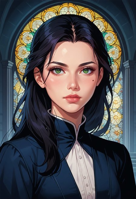 score_9, score_8_up, score_7_up, 8k, portrait, upper body, concept art twilight, vintage illustration,
1girl, solo, female, clothes, black hair:1.3, ombre hair, long hair, dark-green eyes, mole under eye, beautiful, 
dynamic pose, ww1french, adrianhelmet, 1910s, in a cathedral, gothic stained glass windows, beautifully backlit, depth of field:1.5, indirect lighting:1.3, high contrast shadows, dramatic shadows across face:1.2, cinematic lighting on face,