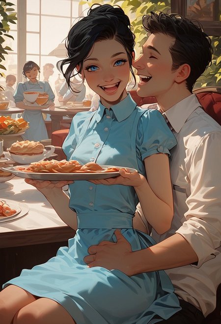 score_9,score_8_up,score_8,score_9,(((pastel colors, high contrast,expressiveh))), front view, (1waitress, 30 yo, laughing, slim, skinny, tiny breasts, small ass, petite), face focus, (blue eyes, black hair, straight hair, short blue dress),  carrying tray, serving food, sitting in man's lap epiCPhoto,
french cafe, people, tables, laughing men, waiters