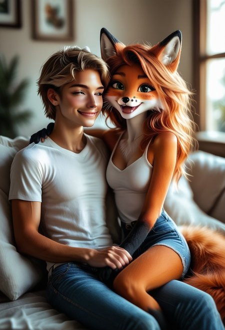 score_9, score_8_up, score_7_up, highres, couple, hetero, (1girl, 1man), furry fox girl laughing with handsome human male,  furry with non-furry, (realistic:1.4), ultra high quality, masterpiece, perfection, expressive, couple,  1furry girl, 1 human male,
BREAK
 (cute anthro fox), detailed fur, soft and realistic textures, (orange and white fur:1.2), fluffy tail, expressive face, bright eyes, playful smile, small sharp thin fangs visible, whiskers, youthful appearance,  
BREAK
human, male adult, handsome, arm behind her neck, casual outfit, jeans, t-shirt, friendly demeanor, natural facial expression,  
BREAK,
indoor, cozy living room, warm and relaxed atmosphere, soft ambient lighting, plush sofa, cushions, coffee table, subtle decorative elements,  
BREAK, 
pose focus, fox girl sitting next to the human, both laughing together, fox girl holding her belly while giggling, human leaning back slightly with a wide smile, natural and carefree interaction, joyful body language,  
BREAK,
high detail, realistic shading, fur detailing, natural lighting, depth of field, cinematic quality, heartwarming and playful mood, charming expressions, soft textures