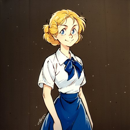 score_9, score_8_up, score_7_up, score_6_up, score_5_up, score_4_up, source_anime, <lora:Alice_Mitchell_-_Dennis_the_Menace_v1.2:0.7> alice mitchell, white blouse with a blue ribbon, blue skirt, cowboy shot, traditional media, smile <lora:Ippongi_Ban_Artist_Style_PonyXL:1>