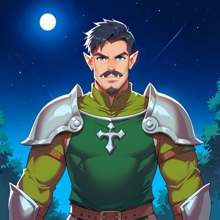 freerrystyle, 
score_9, score_8_up, score_7_up, rating_safe, 1boy, solo, male focus, mature male, orc, green skin, tusks, blue eyes, short hair, black hair, facial hair, beard, mustache, looking at viewer, armor, shoulder armor, breastplate, pauldrons, upper body, closed mouth, standing, outdoors, night, night sky, dark background