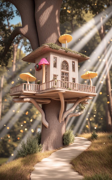 A whimsical treehouse built into the trunk and branches of a massive ancient tree,surrounded by an enchanted glowing forest. Golden sunlight filters through the dense canopy,casting soft light beams and floating golden dust particles through the air. The treehouse features fantasy architecture: glowing mushrooms,stained glass windows,vine-covered wooden beams,and delicate balconies. Full panoramic wide-angle view showing the treehouse nestled within the magical forest,dreamy and luminous daytime atmosphere,<lora:aidmaMJ6.1_v0.5_3:0.6>,aidmaMJ6.1,<lora:detailifier_sd3.5:1>,detailifier,