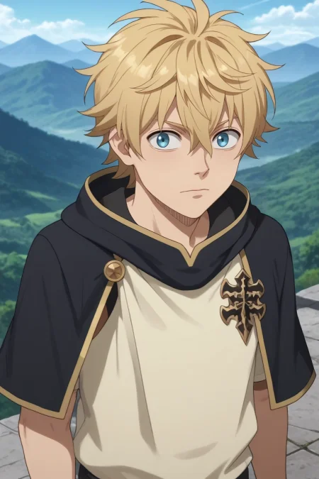 score_9, score_8_up, score_7_up, source_anime, rating_safe, , anime screencap, , , , , 1boy, solo, male focus, <lora:luck_voltia_pony:0.76>, luck_voltia, blonde hair, blue eyes, short hair, hair between eyes, from above, mountain, midnight, own hands together, expressionless, gangster costume, <lora:sdxl_lightning_8step_lora:1>