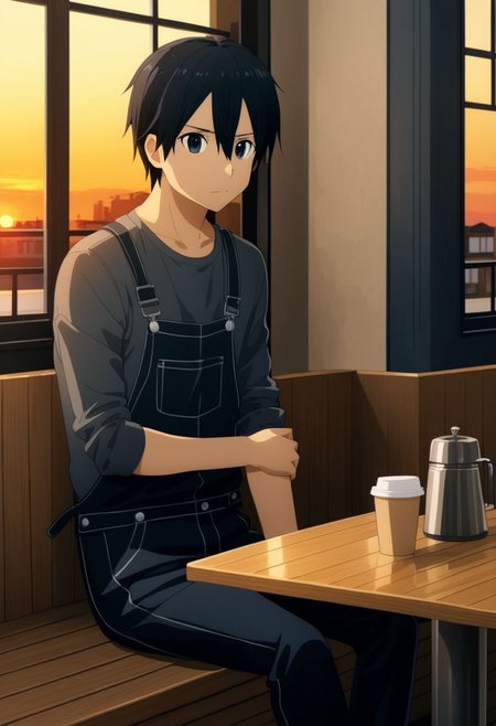 high resolution, professional photography, best quality, 1Boy, Kirigaya Kazuto, Black Hair, Black Eyes, overalldetail, cafe, corner, sit, soffa, casual outfit, coffee, waiting, warm building, sunset