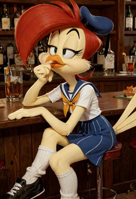 score_9, score_8_up, score_7_up, furry female, toony, 1girl, solo, hat, blue skirt, furry female, sailor bird, bird girl, red hair, yellow body, sailor uniform, beak, tail, knee socks, black shoes, sitting, bored, bar