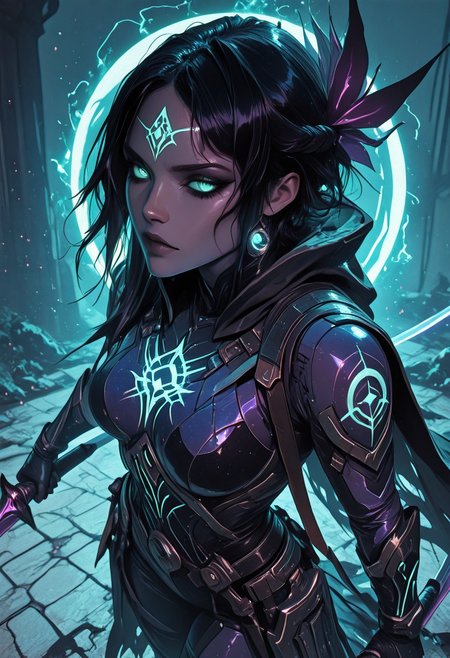 (masterpiece), (best quality), 8k, 1girl, celestial assassin, intense low lighting, glowing crescent blades, purple glow, dual-wielding, shadowed face, glowing eyes, dark eclipse sky behind her, glowing voidlight aura, Void crown, mystical sigils on ground, standing on fallen enemy, long flowing cloak fluttering, sci-fi fantasy armor with celestial patterns, moonlit silhouette, cinematic perspective, ethereal particles, radiant eclipse corona, sleek asymmetrical hairstyle, atmosphere of silent finality, black eyeshadow, 
Action Shot, Slashing blades, Fierce expression, partical effects, 
Unique, close up, cowboy shot, dutch angle, foreshortening, 
From above, Looking at viewer, Close up, Face Focus,