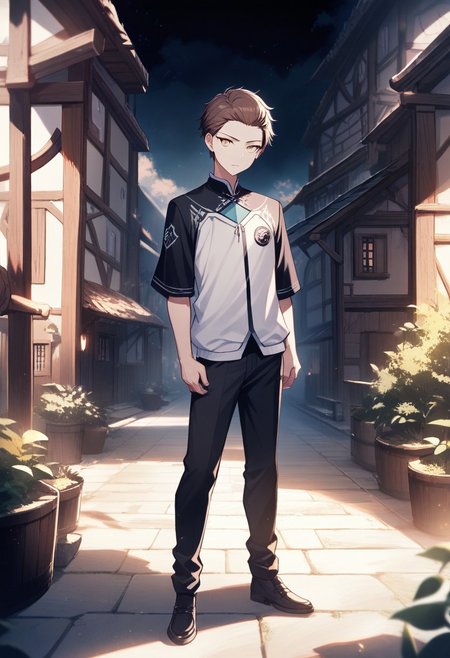 (best quality, masterpiece), 1 boy,18 years old, medieval village, dark mood, Arrogant,
brown hair, short hair, no bangs,  white color student uniform, full body,
 , looking at viewer, Unobtrusive golden eyes, Dull golden eyes,