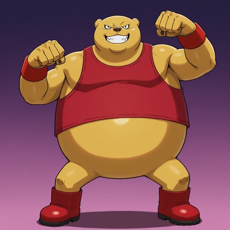 2d, solo, Botamodbs, male, bear, brown nose, male, 1boy, yellow skin, red tanktop, red wristbands, red boots, 

BREAK best quality, amazing quality, very aesthetic, absurdres, newest, masterpiece, grinning, mischievous, looking at viewer, cool pose, fists, standing, abstract background