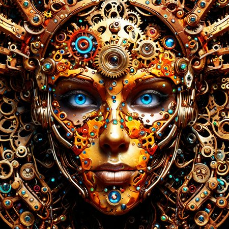 sfw,  dynamic splashes, bright colors, high contrast,  a cybernetic face made of roast gears bejeweled , hyperdetailed, photorealistic,<lora:challenge\gearstyle-000001.safetensors:0.8500000000000002:0.8500000000000002>
