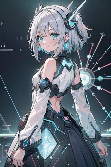 (masterpiece), (science fiction:1.4), 1girl, her back turned, smile, silver hair, aqua eyes, headgear, long sleeves, detached sleeves, glowing energy clothing, light particles