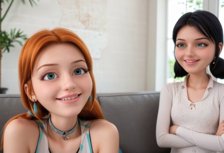 score_9, score_8_up, score_7_up, score_6_up, 
2girls, sitting together, on a couch, (leaning against each other, head on shoulder, cheek to cheek:1.4),
1girl, Sabrina Raincomprix, long hair, orange hair, green eyes, fair skin, earrings, white blouse, choker, 
1girl, Marinette Dupain-Cheng, long hair, bright bluebell eyes, black hair, twin tails, earrings, red blouse, choker, 
perfect eyes, real skin, amateur, photo, solo, perfect face, perfect eyes, sexy, beautiful eyes, petite body, 
masterpiece, best quality, amazing quality, 
heavy blush, thick dark eyelashes, tiny body,
(skinny girl), on a couch, family home, living room, wall pictures, plants,
blurry background, lot of people in background, shy expression, depth of field, volumetric lighting, biting lips, vibrant colors, intricate details, 
smiling, teeth, arms crossed, close up on face, real skin,
