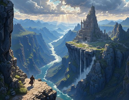in the style of ck-ovf, medieval fantasy illustration :  Temple  at the center of a  grand canyon, dramatic lighting, cinematic, establishing shot, extremely high detail, photo realistic, cinematic lighting, pen and ink, intricate line drawings, by Yoshitaka Amano, Ruan Jia, Kentaro Miura, Artgerm, post processed, concept art, artstation, matte painting, style by eddie mendoza, raphael lacoste, alex ross