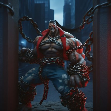cinematic photo a muscular man, veins, chains, red eyes, pony tail, black hair, claws, breaking chains,  night city lights background <lora:Pitt1024:0.8> . 35mm photograph, film, bokeh, professional, 4k, highly detailed