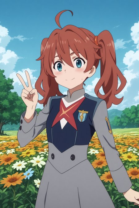  kokoro,1girl,solo,long hair,twintails,ahoge,uniform,military,military_uniform,long hair,peace sign with one hands,smile BREAK outdoors,blue sky,cloudy_sky,orange flower,flower field,tree  <lora:Miku_-_Darling_in_the_franxx.safetensors:0.8> <lora:detailed_backgrounds_v2.safetensors:0.5>