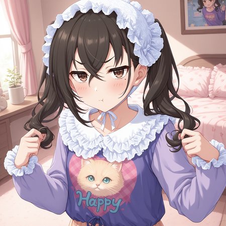 masterpiece, best quality, indoors, bedroom,
<lora:BabyAkira:1>, BabyAkira, solo, white headwear, black hair, long hair, twintails, hair between eyes, crossed bangs, brown eyes, mole under eye, frills, purple shirt, print shirt, clothes writing, long sleeves, skirt, pout, blush, shy