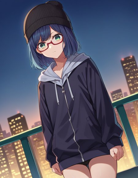 score_9, score_8_up, score_7_up, source_anime,
akanekurokawa, <lora:akane-kurokawa-ponyxl-lora-nochekaiser:1>,
akane kurokawa, bangs, green eyes, blue hair, medium hair, dark blue hair,
long sleeves, hat, jacket, glasses, hood, black jacket, black headwear, hoodie, hood down, red-framed eyewear, beanie,
outdoors, cityscape,
looking at viewer, cowboy shot, dutch angle,