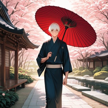 masterpiece, best quality, amazing quality, absurdres, newest, detailed background, definition so sharp, Ultra-HD, 8K cinematic, very awa, impressionate, amazing quality, highres, 
solo, male focus, manly, 
yashiroisana, 1boy, short hair, bangs, shiro_white hair, shiro_brown eyes, oil-paper umbrella, walking, looking to the side, gentle smile, calm expression, traditional Japanese garden, pond, cherry blossoms, soft lighting, aesthetic, peaceful, playful curiosity, tranquil