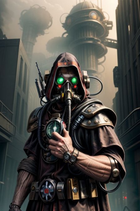((masterpiece,best quality)), absurdres, BREAK
mechanical arms, black robes, hood, BREAK
((techpriest)), cyborg, mechanical face, mechanical limbs, gas mask, mechanical tentacles, (mechanical backpack), BREAK
1other, solo, holding pistol, firearm, handgun, pistol, gun, BREAK
factory background, smoggy sky, air pollution, smokestacks, BREAK
(style-rustmagic),