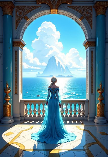 anime style Hyper detail fairtales illustrator art. The epic dramatic darktale style cinematic scene. The Princess Elsa in the middle ò the Royal Palace, with ornate archdoor balcony, open seascape view . Golden runes golden cybernectic line decorate, Grimmdark. (Ultra-detail, 32k, Masterpiece, High Quality, Detailed Realistic Background, Official Art,).