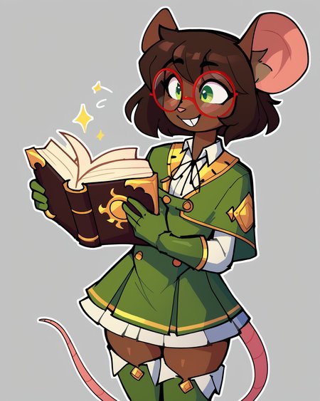score_9_up, score_8_up, score_7_up, score_6_up, by remanedur, furry female, female, furry, mouse, green eyes, brown hair, brown skin, short hair, green gloves, capelet, skirt, collared shirt, thigh boots, red round glasses, tail, small breasts, looking at book, smile, happy, book, holding book,  solo, three-quarter view, simple background, white outline, <lora:Leah_Pines(AIM)_XL_v1:0.15> <lora:PDXL_artist_tags_v2_big:0.5> <lora:The-Minuscule-Task_PDXL_v1.0:0.6>  <lora:Olive_BumbleSteak:0.7>