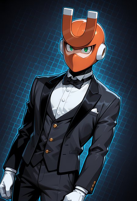 masterpiece, best quality, amazing quality, dutch angle, abstract background, BREAK
1boy, solo, male focus, mm3_magnet, helmet, green eyes, android, tuxedo, formal, bow tie, BREAK
<lora:cfg_scale_boost:.6>  <lora:Magnet_Man_-_Mega_Man_3_-_ILXL:1>