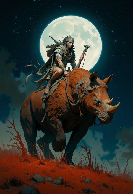 score_9, score_8_up, score_7_up, 8k high quality digital painting, masterpiece, very detailed, ultra realistic, (best quality) very detailed epic masterpiece, boris vallejo style, frank frazetta style, realistic oil painting, retro artstyle, full body, side view, backlight, we see a primeval muscular cave-man in fur clothing riding on his bear-like rhino-like monster, the monster has long fur hair, night, red brown, big full moon at the center of the picture, backlight, wide grassy landscape, fairytale-like, realistic detailed oil painting style Rembrandt style, Vermeer style, Dungeons and dragons atmosphere, heroic fantasy, realistic, realism, full body