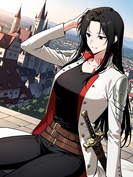 <lora:Omniscient_Readers_Viewpoint__Jung_Heewon:1>
1 girl, solo, black hair, long hair, black eyes, straight hair, loose hair, 
white coat, red inner lining, black shirt, black pants, brown belt, sword sheath, 
score_9, score_8_up, score_7_up, very aesthetic, source_anime, detailed, high quality, beautiful, masterpiece, detailed eyes, castle, village, blurry background, cityscape, pose dynamic angle, light smile, open mouth, hand on hair, sitting