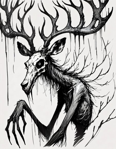 score_9, score_8_up, score_7_up,  <lora:Messy Sketch Style:1>, very tall, creepy, skinny, black fur, deer skull face, antlers, long fingers, looking at viewer, from the side, monochrome,