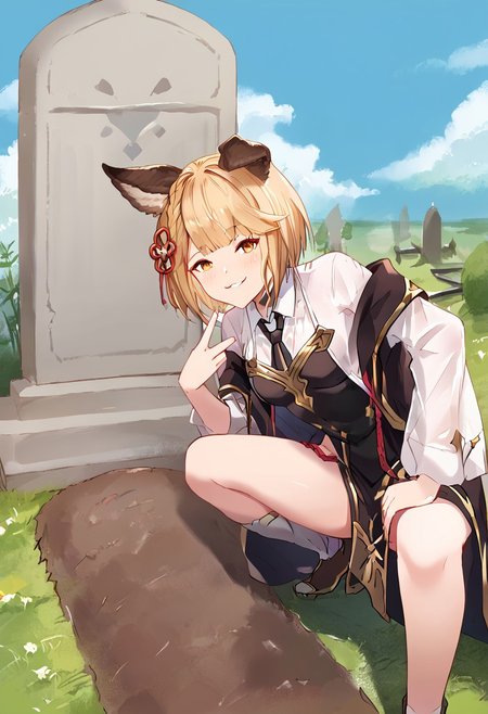 score_9, score_8_up, score_7_up, score_6_up,concept art, digital artwork, highly detailed, sharp focus, portrait,,blue sky, clouds  oll,
Oll13gr4v3, grass, squatting, tombstone,smile, spread legs, 
BREAK
 1girl, vajra(granblue fantasy),dog ears , blush, 
 Mourning clothes, black tuxedo, white collared shirt,black tie,