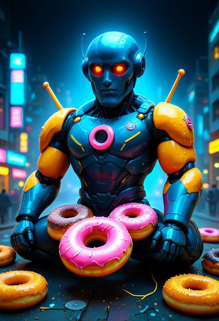 d0nu71f13d, An epic photo of a cyberpunk CivBot made of doughnuts, neon color, masterpiece, best quality, highly detailed, sharp focus, dynamic lighting, flux-style, mobe-cybideen