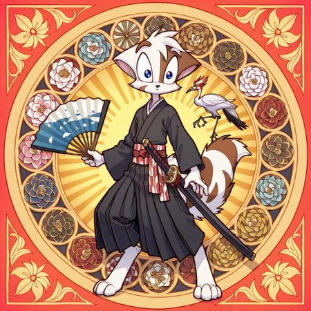 Mace, Dreamkeepers, anthropomorphic, feline-like, spiky hair, tail, muscles
solo, blue eyes, black nose, Digitigrade,
,<lora:Dreamkeepers_Mace_Illustrious:0.8>,
score_9, score_8_up, 
1boy, source_furry, masterpiece, best quality,  perfect eyes, amazing quality, male,  masterpiece, best quality, highres,   digital artwork, fantasy anime style, young woman, elaborate updo, golden hairpins, small ornaments, traditional Japanese kimono, black kimono, intricate floral patterns, geometric patterns, colorful patterns, long sleeves, puffed sleeves, wide decorative sash, katana, ornate sword hilt, tattoos, elaborate tattoos, gold and red tapestry, stylized dragon, mystical symbols, elegance, strength, traditional Japanese aesthetics, modern fantasy twist, kimono patterns, Japanese geometric patterns, seigaiha, asanoha, yagasuri, same komon, tatewaku, kikkô, shippo, kanoko, chrysanthemum, karakusa, sakura, tsubaki, pine, bamboo, plum, crane, turtle, phoenix, folding fan,