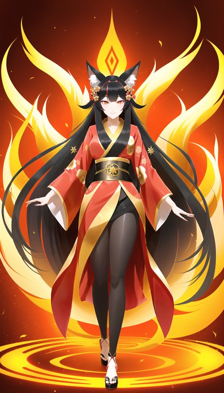 absurdres, 1girl, full body, beautiful lady in a red and gold kimono by a pagoda, black hair, long hair, hime cut, straight hair, fox ears, fox tail, multiple tails, official art, vivid color, finely detailed, hyper detailed, 8k, high resolution illustration, Masterpiece, best quality, intricate_detail