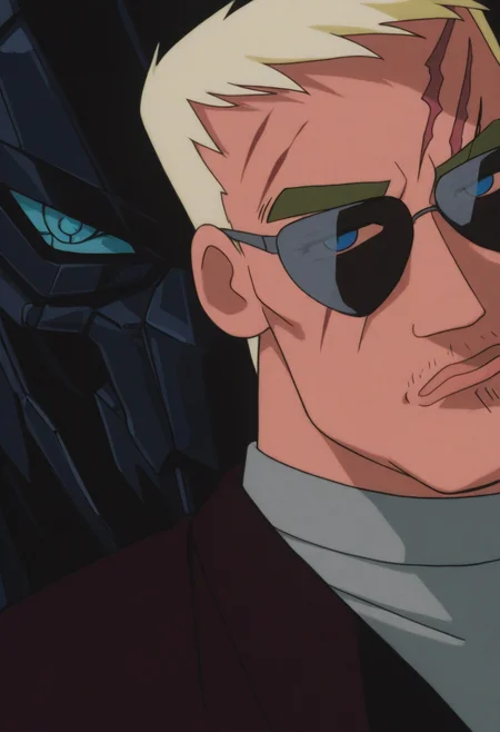 1boy, close-up, darkness, facing viewer, head tilt, looking at viewer, male focus,
BREAK
<lora:Hexon_from_Crayon_Shin-chan_Pursuit_of_the_Balls_of_Darkness_v1.0_1724039:1>
cs97hexon, 2000s \(style\), retro artstyle, mature male, blonde hair, blue eyes, thick eyebrows,
BREAK
turtleneck, plump, sunglasses, mecha, broken face, cyborg, (massive scar:1.5) reveiling beneath endoskeleton, mechanical eye,
BREAK
very awa, masterpiece, best quality, absurdres, newest, perfect quality, detailed background, intricate details,
