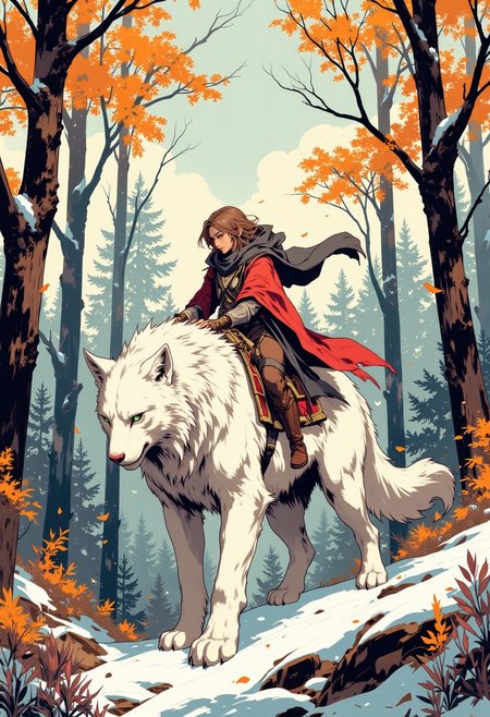 intricate linework with expressive contrasts, soft lighting with dynamic highlights, forest with sallow trees in bloom on early autumn, small pockets of snow still under some trees, a human riding on the back of a large white feline. In the style of ff-td