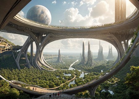 A scenic view from a futuristic, eco-friendly habitat harmoniously integrated with the alien landscape of a distant planet, as seen through the expansive, cupola of an elevated slender structure,organic, curved architecture, geometric, angular structures, giant, leaf-like solar panels, a clear atmosphere, a nearby asteroid field, a muddy river, a peaceful city square, 
, (epic:0.75, (high image quality:1.08), (RAW:0.9),subsurface tering,(high resolution photograph:1.28),high definition,masterpiece, amazing quality, (aesthetic:0.99), absurdres, <lora:LCMTurboMix_Euler_A_fix.safetensors:0.96:0.3> <lora:sdxl\zy_Realism_Enhancer_v1.safetensors:0.85:0.18> <lora:sdxl\add-detail-xl.safetensors:0.86:0.10  p13,s1