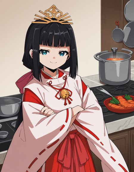 score_9, score_8_up, score_7_up, source_anime, <lora:nigewaka-shizuku-s1-ponyxl-lora-nochekaiser:1>, shizuku, long hair, bangs, blue eyes, black hair, blunt bangs,, japanese clothes, bell, miko, skirt, long sleeves, ribbon, wide sleeves, red ribbon, ribbon trim, hakama, hakama skirt, jingle bell, ribbon-trimmed sleeves, miko, red hakama,, kitchen, cooking, apron, cutting vegetables, home cooking, , looking at viewer, crossed arms, smug, solo,, cowboy shot, dutch angle