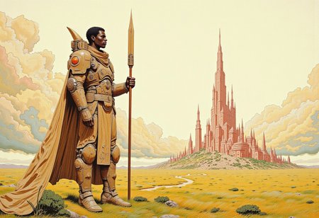 A full body shot of an imposing african space guard, on a vast plain, a futuristic city fills the horizon, clouds in the sky , pastel colour palette and deep, rich textures. Intricate detail, ambient lighting, cyberpunk setting, intricate scenery, Comic book style