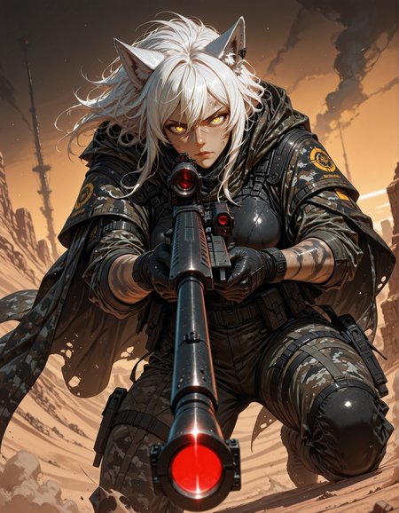 masterpiece, best quality,high quality, newest, highres,8K,HDR,absurdres, 1girl, solo, wolf ears, sniper rifle, camo cloak, tactical gear, scarred face, piercing yellow eyes, white hair with dark streaks, aiming at target, red laser sight, tactical gloves, mechanical eyepiece, futuristic sniper, high-tech scope, dusty battlefield, limited palette, intense expression, dynamic pose, dramatic lighting, strong depth of field, wind-blown hair, torn fabric, desert landscape, gritty realism, cinematic shot, dutch angle, foreshortening, blurred background, dust particles., detailed background, dynamic pose, dynamic composition,dutch angle, detailed backgroud,foreshortening,blurry edges <lora:iLLMythG0thicL1nes:1> G0thicL1nes