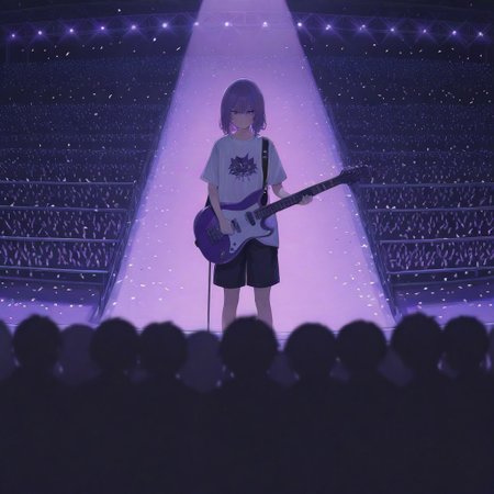 Here's a prompt to generate an image similar to the one you provided: **Prompt:** Anime style illustration of a young male guitarist on stage. He has dark, tousled hair and a somewhat serious expression. He's wearing a white long-sleeved shirt with a stylized cartoon cat graphic on it. He is holding a bright pink electric guitar. The background is a concert stage with blurred figures of a crowd, bright purple stage lights, and a shower of confetti. The overall style is vibrant and colorful with sharp details.