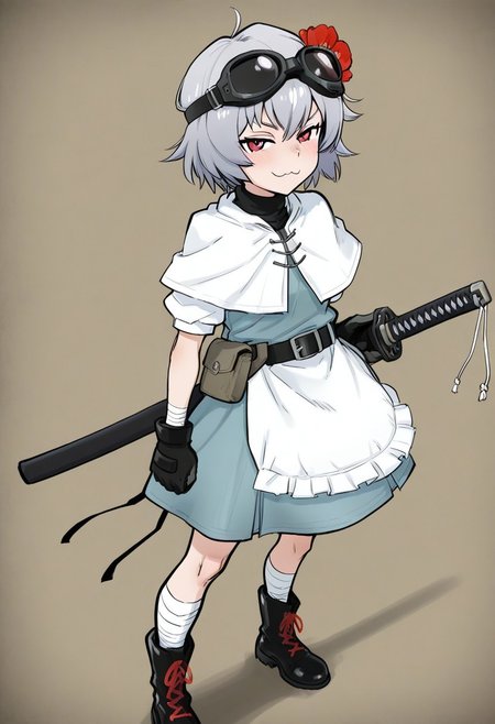 masterpiece, best quality, aesthetic, colorful, BREAK, 1girl, solo, (short, small body, grey hair, short hair, red eyes, black tanker goggles on head, flower in hair, poppy flower in hair, white capelet, white sleeves, short sleeves,  katana sheath, white apron, light blue dress, white leg wraps, black gloves, black boots, red laces, black belt), standing, smug, :3. confident