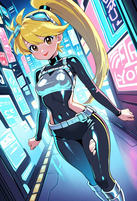 masterpiece, best quality, solo, curvy, beautiful eyes, narrow waist, wide hips, 1girl, solo, smile, looking at viewer, dynamic angle, foreshortening, close up,    zzYellow, brown eyes, blonde hair, long hair, ponytail, bangs,  , <lora:YellowPokemon_NAI:1.0>, [Cyber Emo], black holographic crop top with LED lights woven into the fabric, ripped silver metallic leggings, chunky platform boots with neon soles, cyberpunk-inspired harness belt with chains, neon blue eyeliner with sharp cat-eye design, bright red lip gloss, futuristic cyber goggles resting on her forehead, standing in a glowing neon-lit city street filled with digital billboards,
